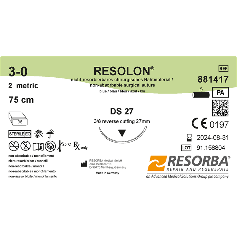 Резолон USP3-0 синій, довжина 75см, зворотньо-ріжуча голка 27мм, 3/8 кола